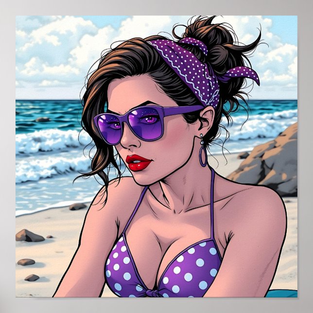 Beach Lady in Shades, Bikini and Bandanna  Poster (Front)
