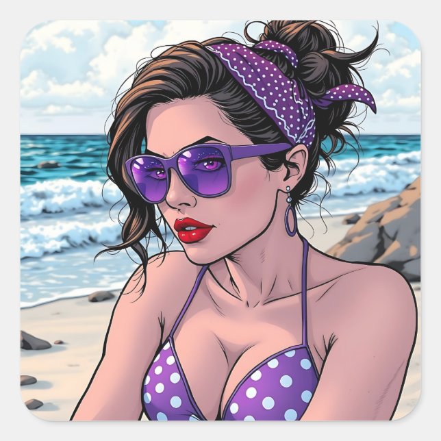 Beach Lady in Shades, Bikini and Bandanna  Square Sticker (Front)