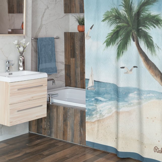 Beach Landscape with Sailboats Watercolor Bathroom Shower Curtain (Creator Uploaded)