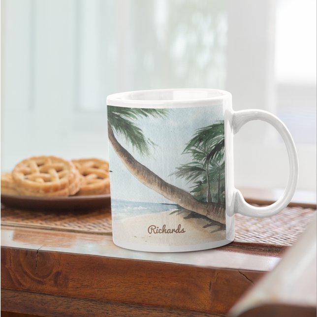 Beach Landscape with Sailboats Watercolor Blue Coffee Mug (Creator Uploaded)