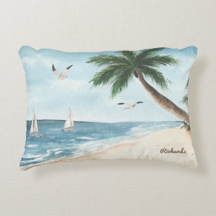 Beach Landscape with Sailboats Watercolor Blue Decorative Cushion