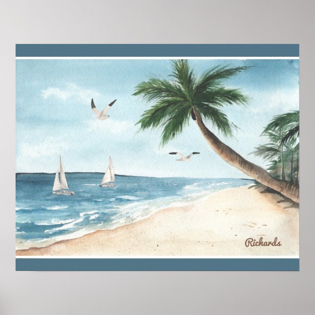 Beach Landscape with Sailboats Watercolor Blue Poster (Front)