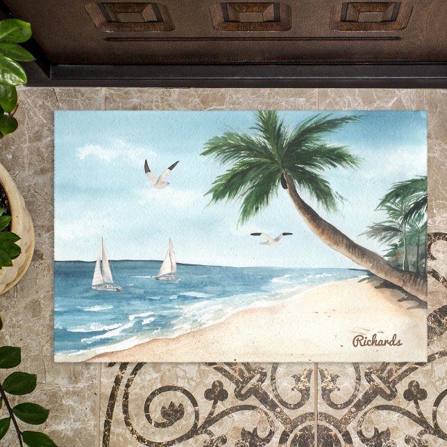 Beach Landscape with Sailboats Watercolor Doormat (Creator Uploaded)