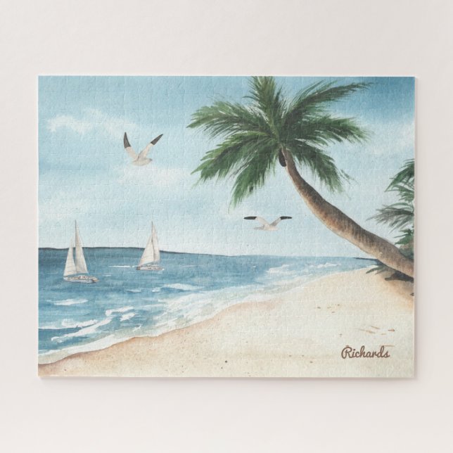 Beach Landscape with Sailboats Watercolor Jigsaw Puzzle (Horizontal)