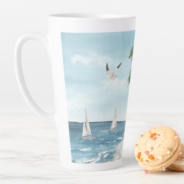 Beach Landscape with Sailboats Watercolor Latte Mug (In Situ)