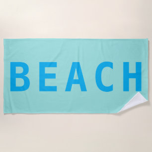 BEACH, Large Sky Blue Text on Light Teal Beach Towel