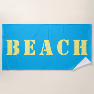 BEACH Large Yellow Stencil Letters on Sky Blue Beach Towel