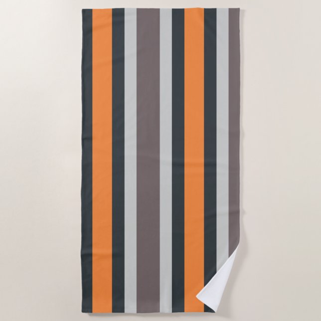 Beach Life Black Grey Orange Striped Pattern Beach Towel (Front)