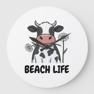 Beach Life Cow Vintage Engraving T-Shirt Design_1 Large Clock