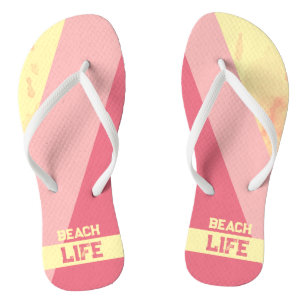Beach Life - Geometric Happy Pink Yellow Flip Flops