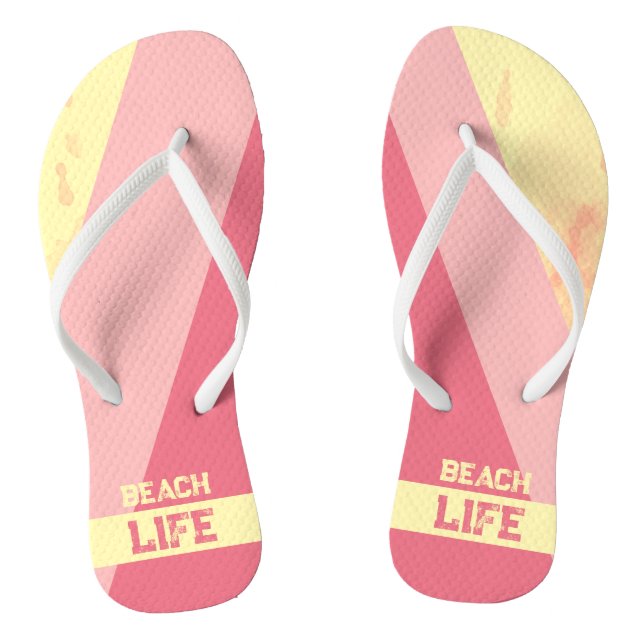 Beach Life - Geometric Happy Pink Yellow Flip Flops (Footbed)