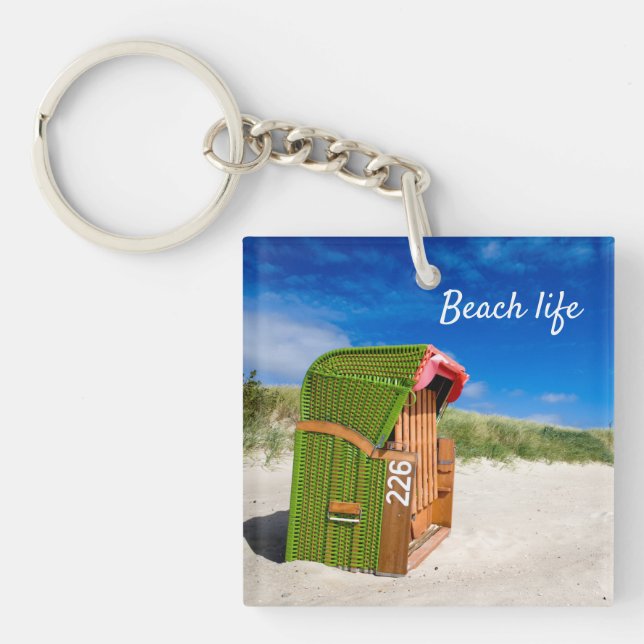 Beach life Green Beach chair photo with text Key Ring (Front)