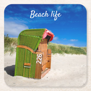 Beach life Green Beach chair photo with text Square Paper Coaster