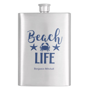 Beach LIFE  Quote Nautical Coastal Summer Navy Hip Flask