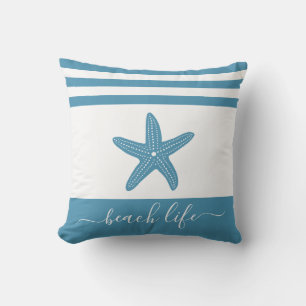 Beach life script modern turquoise teal starfish cushion