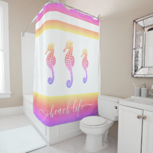 Beach life script pink purple ombre seahorse bold shower curtain