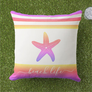 Beach life script purple yellow ombre starfish cushion