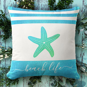 Beach life script turquoise blue green starfish cushion
