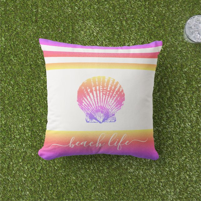 Beach life script yellow pink ombre seashell bold cushion (Grass)