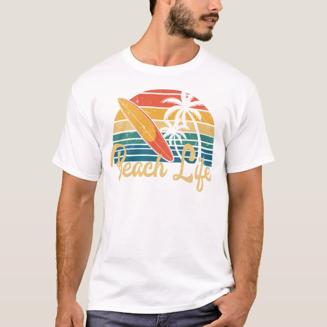 Beach Life Summer Vacation Retro Sunset Surfboard  T-Shirt (Front)