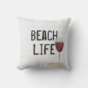 Beach Life Text on Whitewashed Wood   Cushion