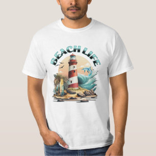 Beach Life   Tropical Beach and Lighthouse  T-Shirt