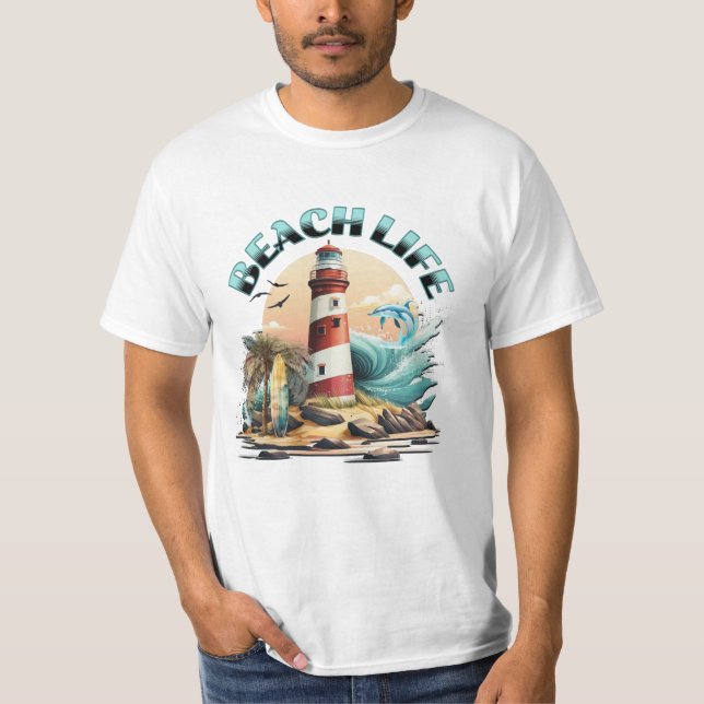 Beach Life | Tropical Beach and Lighthouse  T-Shirt (Front)