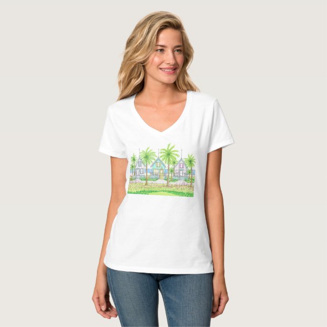 Beach Life Tropical Shack Vneck Tshirt (Front Full)