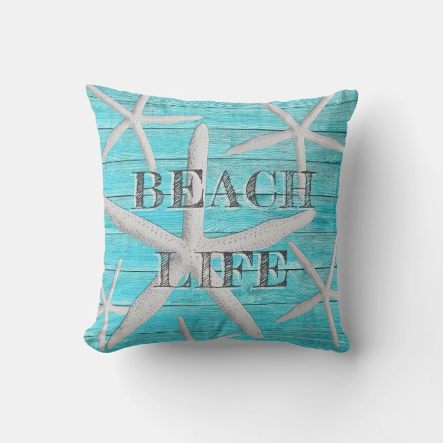 Beach Life Tropical Starfish Turquoise Wood Planks Cushion (Front)