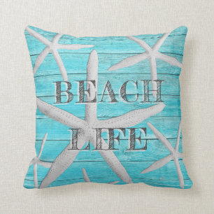 Beach Life Tropical Starfish Turquoise Wood Planks Cushion