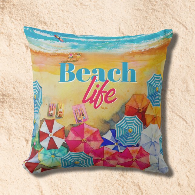 Beach Life Umbrellas in Sand Cushion (Beach Life Umbrellas in Sand Pillow (select outdoor or indoor fabric))