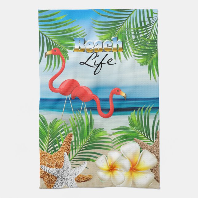 Beach Life with Pink Flamingos Tea Towel (Vertical)