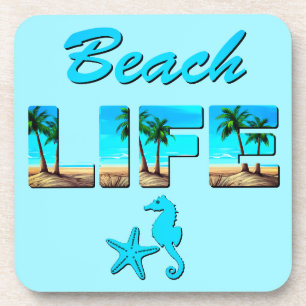 Beach Life Word Art with Sand and Palm Trees Coaster