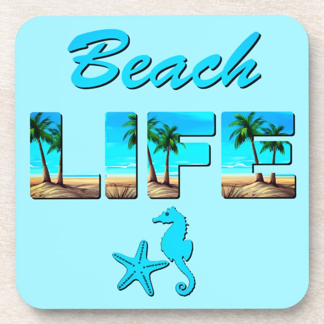 Beach Life Word Art with Sand and Palm Trees  Coaster (Front)