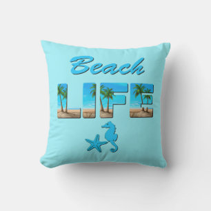 Beach Life Word Art with Sand and Palm Trees Cushion