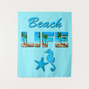 Beach Life Word Art with Sand and Palm Trees Tapestry