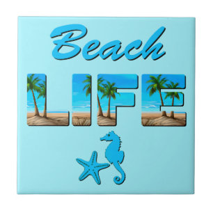 Beach Life Word Art with Sand and Palm Trees Tile