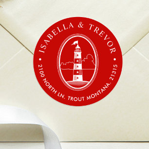 Beach Lighthouse   Nautical Themed Crimson Classic Round Sticker