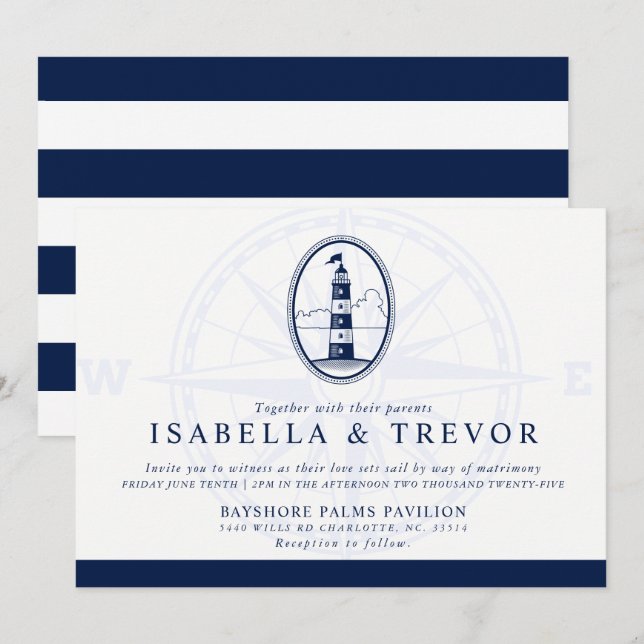 Beach Lighthouse | Nautical Themed Wedding Invitation (Front/Back)