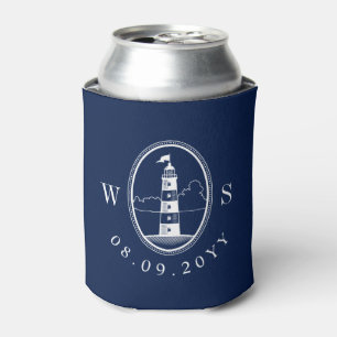 Beach Lighthouse   Nautical Wedding Monogram Can Cooler