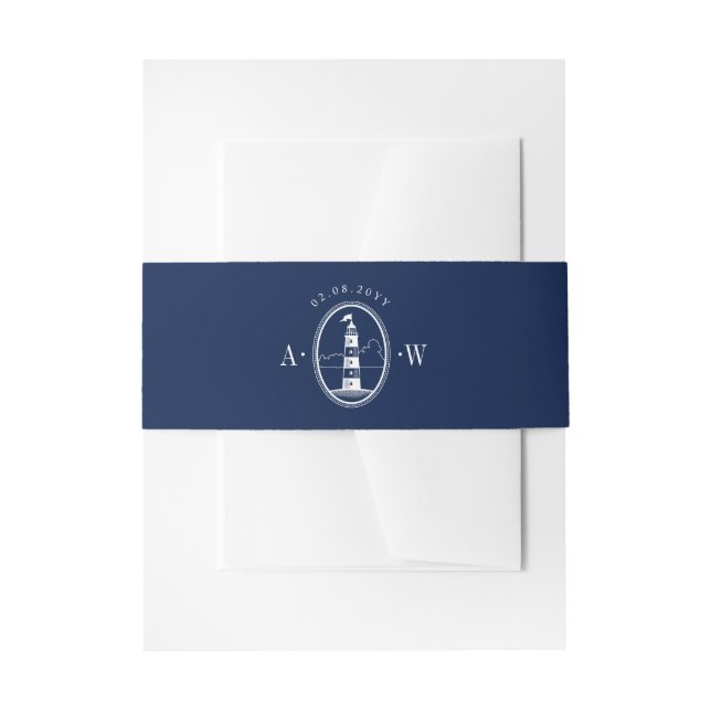 Beach Lighthouse Navy Nautical Wedding Monogram Invitation Belly Band (Front Example)