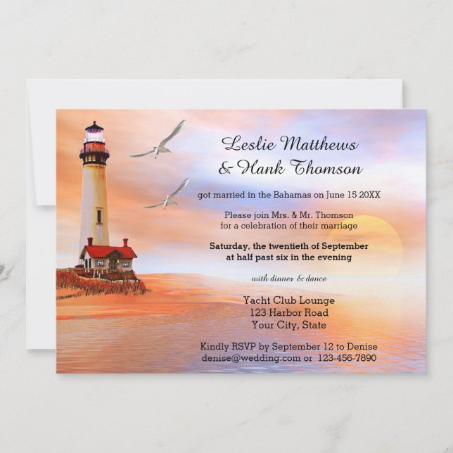 Beach Lighthouse Post or After Wedding Invitation (Front)