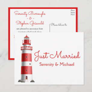 Beach Lighthouse Red Nautical Just Married Wedding Announcement Postcard