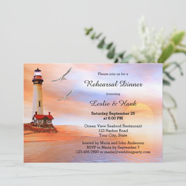 Beach Lighthouse Rehearsal Dinner Invitation (Standing Front)