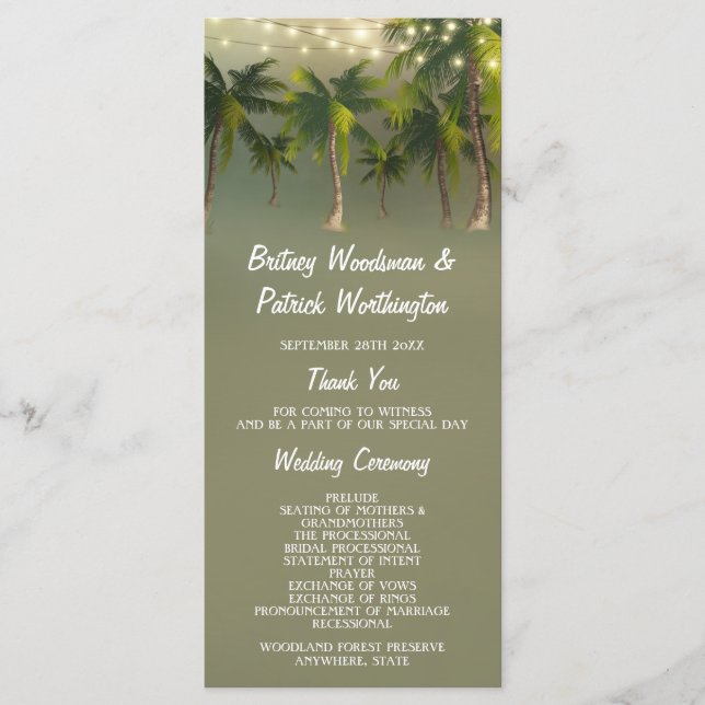 Beach Lights Palm Tree Tropical Wedding Programs Programme (Front)