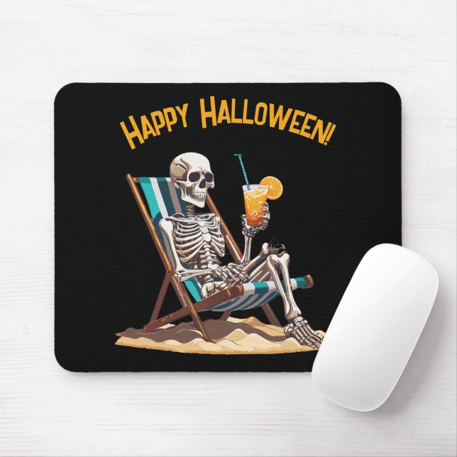 Beach Lounging Skeleton Halloween Mouse Mat (With Mouse)
