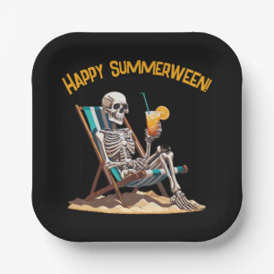 Beach Lounging Skeleton Halloween Paper Plate