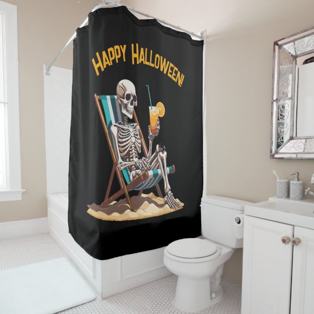 Beach Lounging Skeleton Halloween Shower Curtain (In Situ)