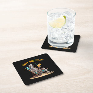 Beach Lounging Skeleton Halloween Square Paper Coaster