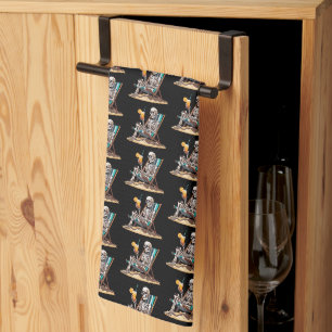 Beach Lounging Skeleton Halloween Tea Towel